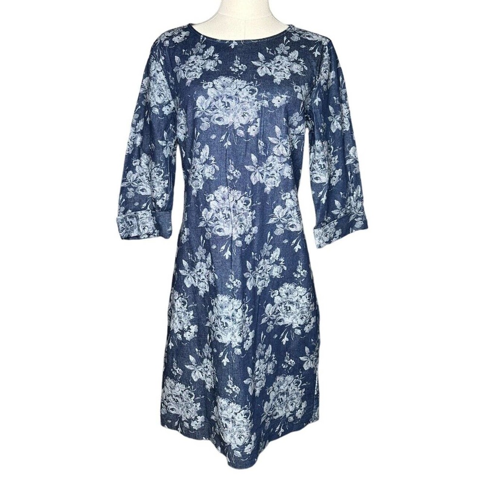 GAP Roll Cuff Medium Indigo Denim Floral Print Shift Dress Back Zipper Pockets 6